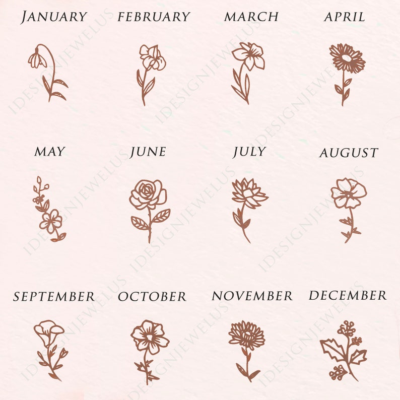 May include: A light pink background features twelve months, each labeled with a month name and a corresponding floral illustration in brown. The floral designs include a snowdrop, iris, daffodil, daisy, and rose.