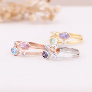 Anillo de plata de ley con dos piedras de nacimiento, joyería familiar personalizada