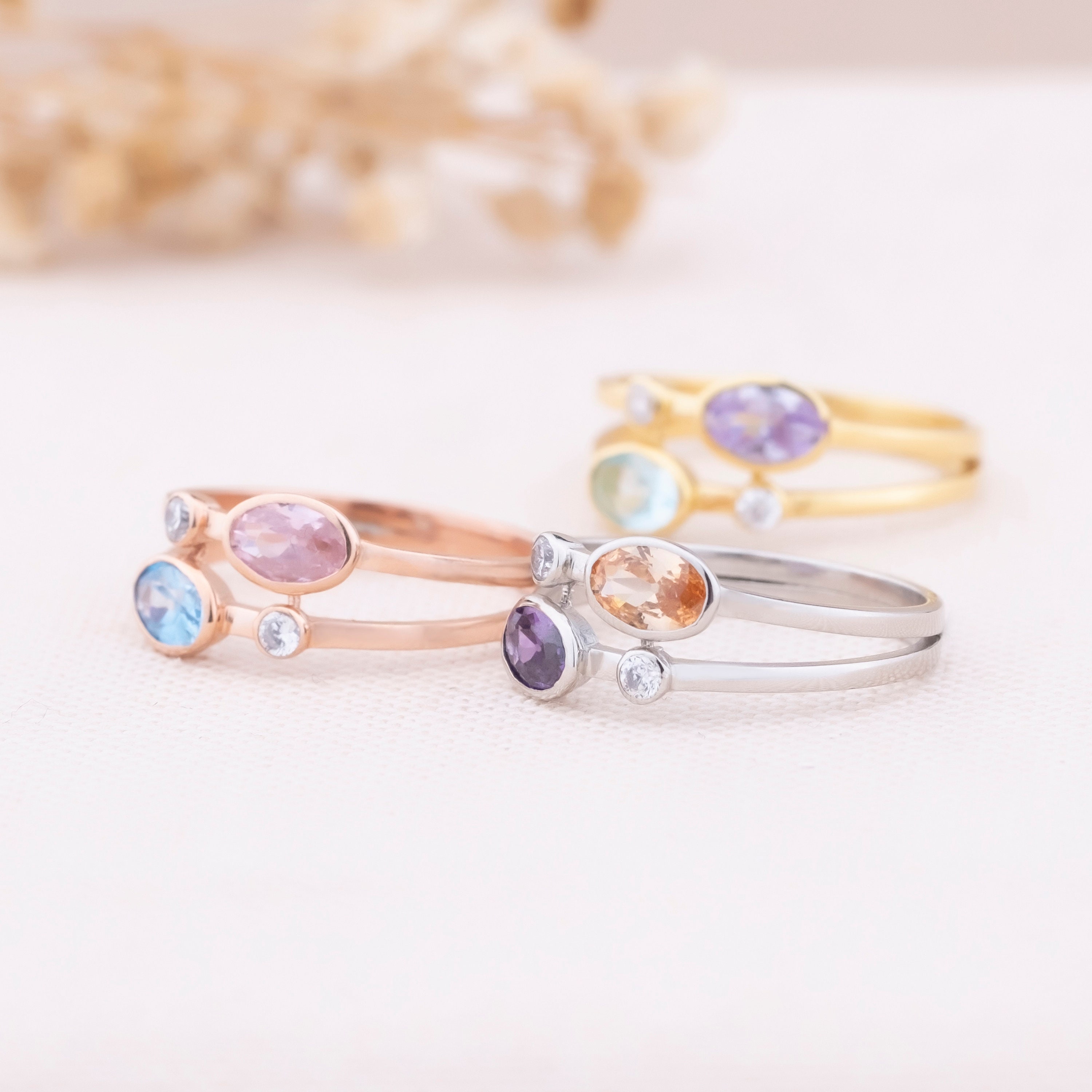 sterling Silver Double Birthstone Ring, Personalized Family Jewelry