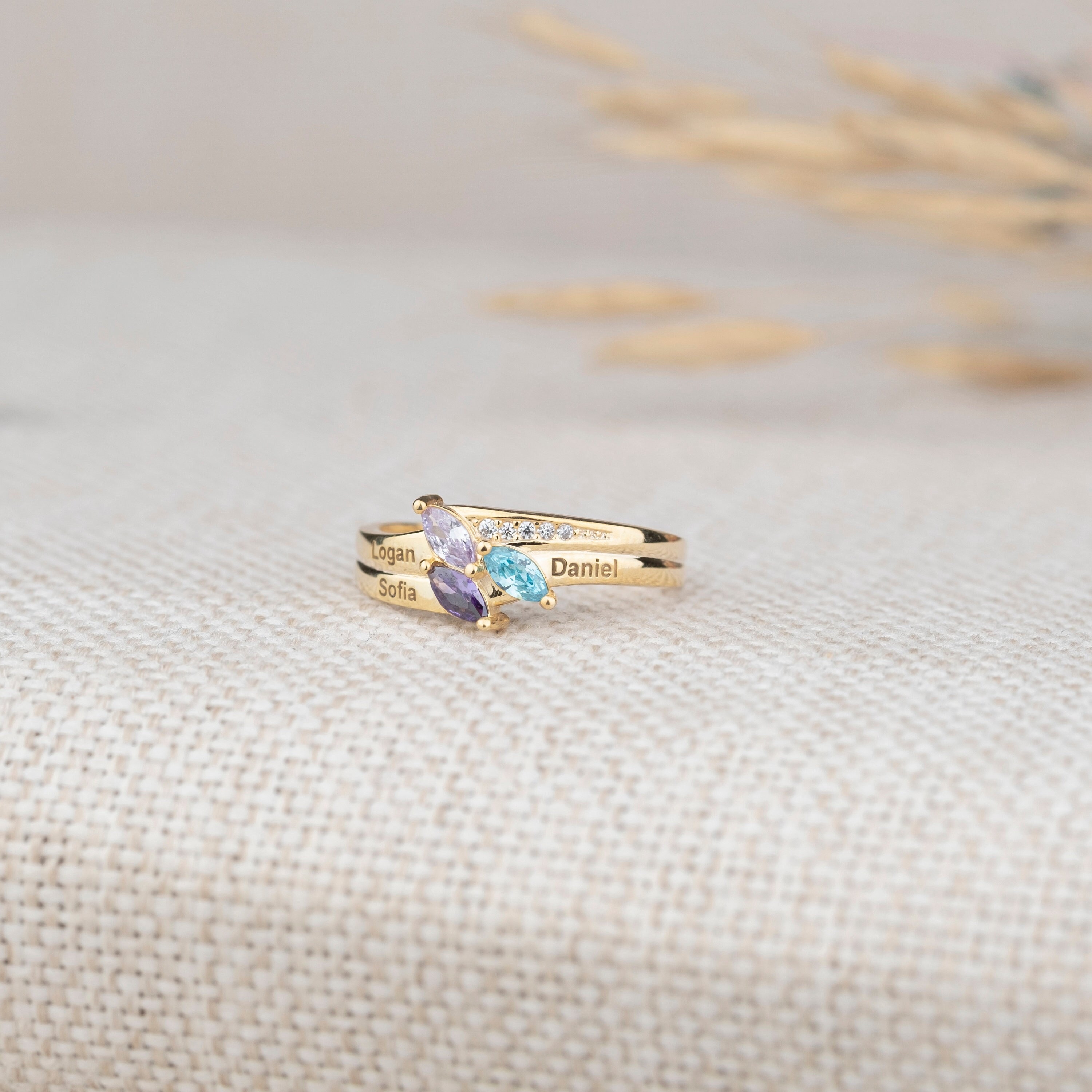 Marquise Cut Birthstone Ring, Name Engraved Ring, Mother Grandma Family Ring Gift, Birthstone With Name, Handmade Jewelry, Personalized Gift