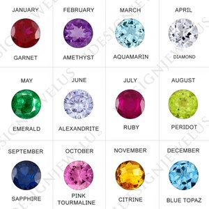 May include: A grid of twelve gemstones representing birthstones for each month of the year. The gemstones include garnet, amethyst, aquamarine, diamond, emerald, alexandrite, ruby, peridot, sapphire, pink tourmaline, citrine, and blue topaz.
