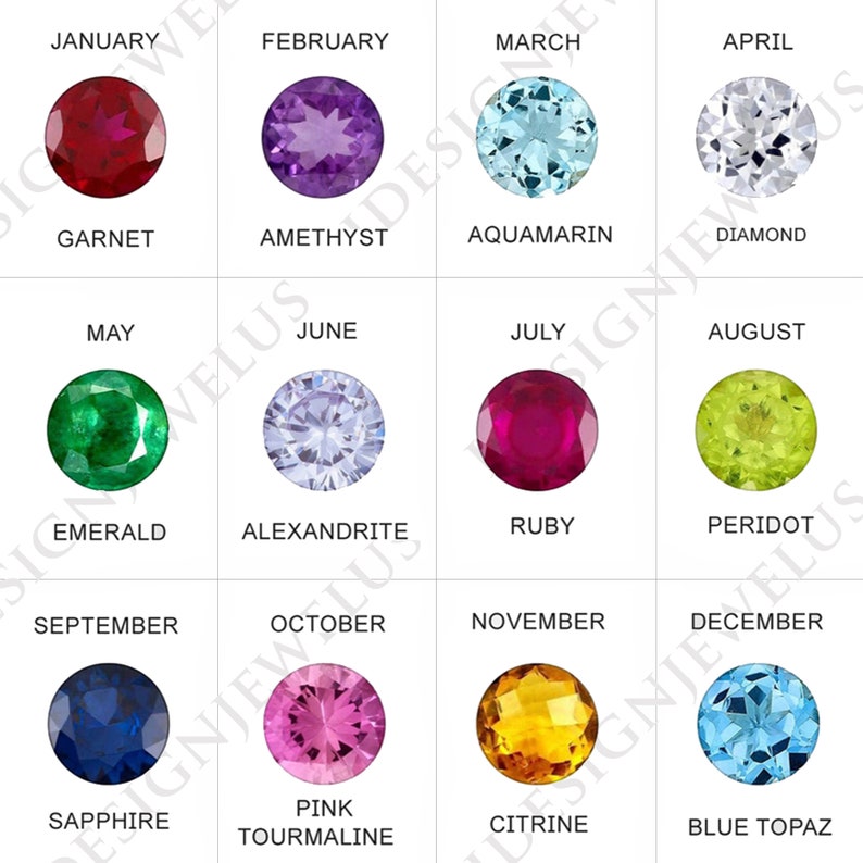 May include: A grid of twelve gemstones representing birthstones for each month of the year. The gemstones include garnet, amethyst, aquamarine, diamond, emerald, alexandrite, ruby, peridot, sapphire, pink tourmaline, citrine, and blue topaz.