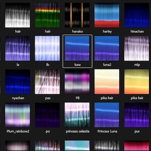 May include: A grid of digital art images featuring various color gradients and patterns. The images include text labels such as "luna", "pika hair", and "Plum_rainbow". The color schemes range from blues and purples to greens and oranges.