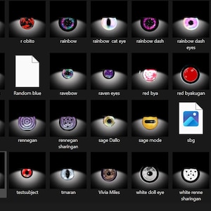 May include: A grid of eye designs in diverse colours and patterns, including red, blue, purple, and white. Each design is labelled with a unique name, such as "Tera Knight" and "white sharingan".
