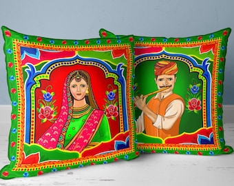 Man - Woman, Couple - Truck Art Design, Pakistani, Indian Style Colorful Pillow, Peacock, Stuffed with Polyester