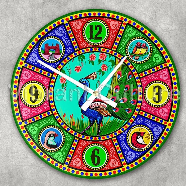 Wall clock, Truck Art Peacock, Traditional, Pakistani - Indian Truck Art, Christmas gift, Stylish, Colorful