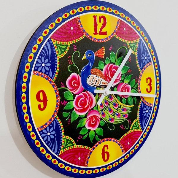 Wanduhr, Geprägte Druckeffekte, Pfau, Pakistanisch - Indian Truck Art, Weihnachtsgeschenk, Stylish, Bunt