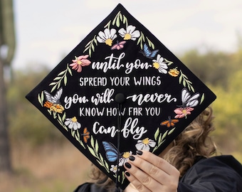 Custom Embroidered Graduation Cap Topper | Personalized Grad Cap Decoration | Butterflies and Daisies