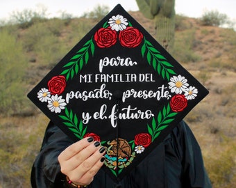 Embroidered Mexican Grad Cap Topper | Graduation Cap Topper | Grad Gift |Custom Embroidery | Latina| Rose and Daisy Flag Grad Cap | Handmade