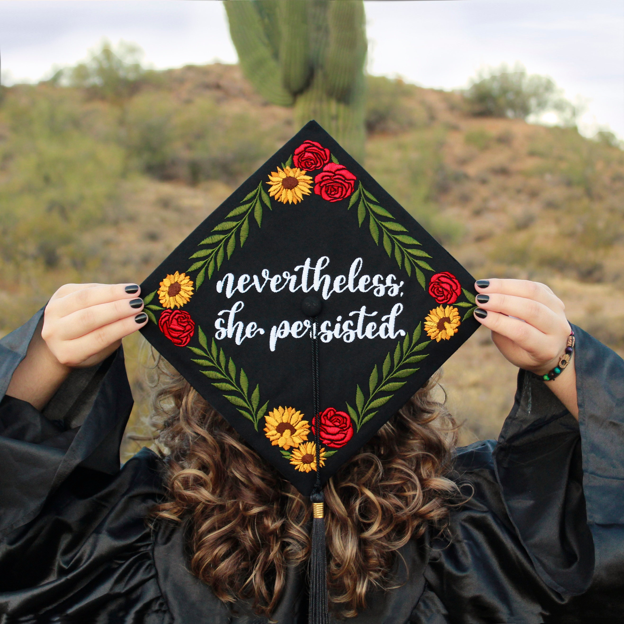 Embroidered Graduation Cap with Floral Design Adorn your grad cap with our Floral Appliqué Kit  main image 2