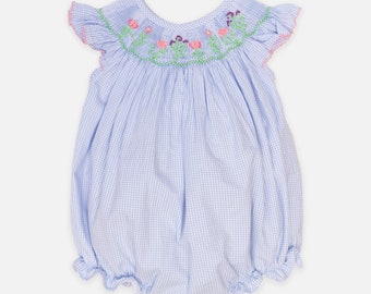 Cotton Baby Blue Gingham Hand Smocked Wildflower Romper - Smocked Bubble - Blue Smocked Romper - For Baby And Toddler