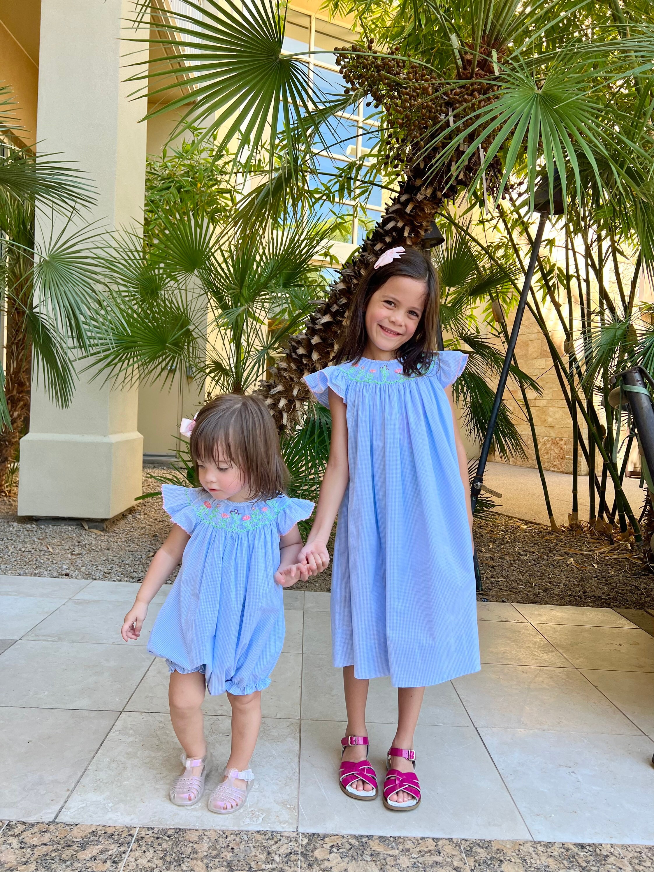 Anavini Girls Light Blue Gingham Bishop Dress - Smocked Orange Pumpkins main image 1