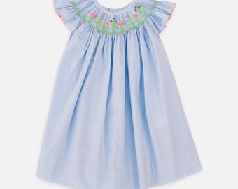 Wildflowers Angel Wing Bishop Dress - Hand Smocked Bishop Dress - Baby Blue Cotton Smocked Dress For Girls - Gingham Smocked Dress