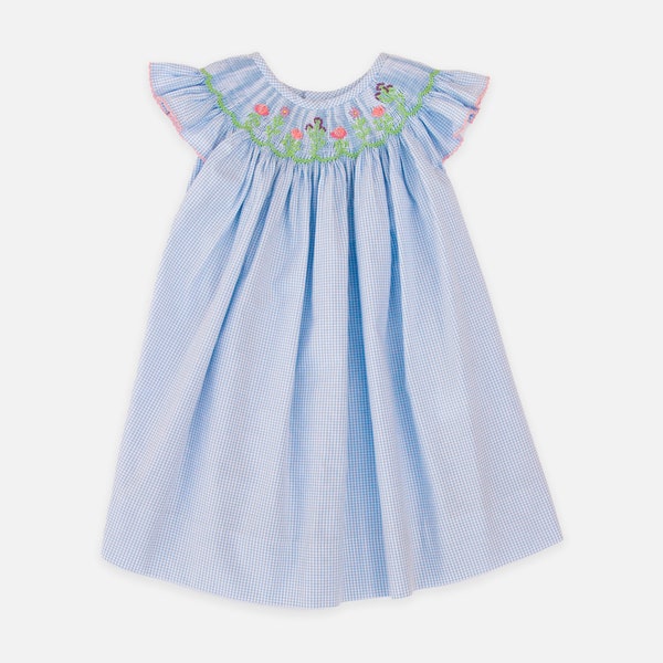 Wildflowers Angel Wing Bishop Dress - Hand Smocked Bishop Dress - Baby Blue Cotton Smocked Dress For Girls - Gingham Smocked Dress