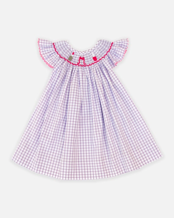 Hand Smocked Bishop Dress: 100% Cotton Purple Makeup Dress