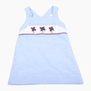 Hand Smocked Seersucker Pinwheel Dress - Smocked Dress for Girl - July 4 Dress - Toddler Smocked Dress
