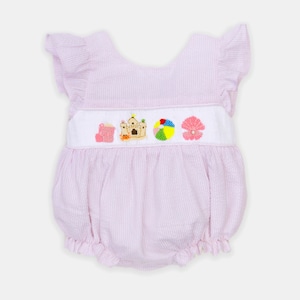 Baby Girl Sandcastle Smocked Bubble - 100% cotton Pink Stripe Smocked Romper - Outfit For Baby and Toddler - Pink Bubble