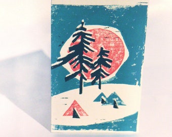 Winter Camp - Original Handmade Greeting Card Set of 4 Holiday Festive Linoleum Linocut Lino Block Art Print Limited Edition