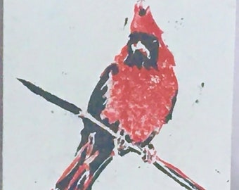 Perched Cardinal - Original Handmade Greeting Card Set of 4 Holiday Festive Linoleum Linocut Lino Block Art Print Limited Edition
