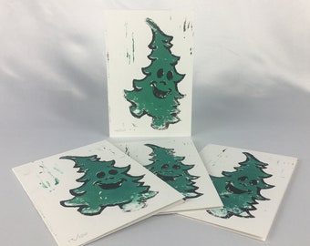 Happy Tree - Original Handmade Greeting Card Set of 4 Holiday Festive Linoleum Linocut Lino Block Art Print Limited Edition