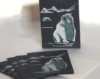 Polar Bear - Original Handmade Greeting Card Set of 4 Holiday Festive Linoleum Linocut Lino Block Art Print Limited Edition