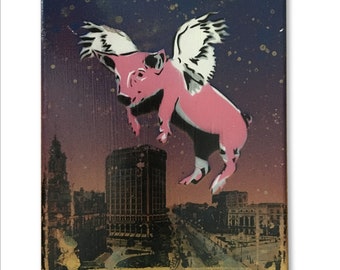 Flying Pig Over Detroit - Original Hand-Painted Canvas Stencil Graffiti Street Art Spray Paint Pop Style Painting Gallery Home Decor