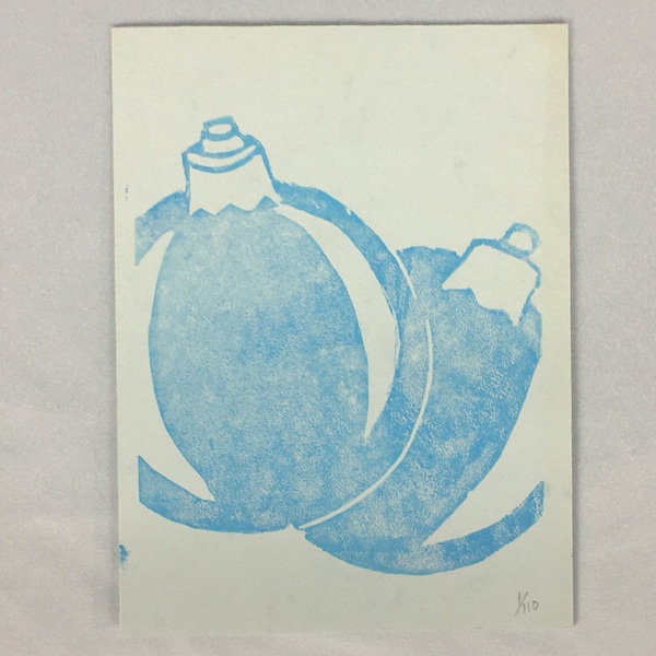 Ornaments In Blue - Original Handmade Greeting Card Set of 4 Holiday Festive Linoleum Linocut Lino Block Art Print Limited Edition