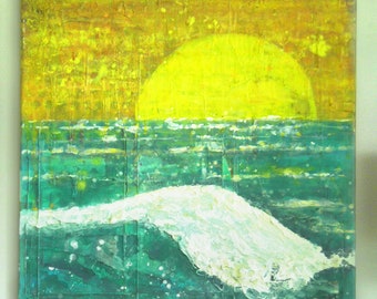 Seaside Sunset - Original Hand-Painted Medium Stretched Canvas Mixed Media Impressionist Pop Art Painting Gallery Home Decor