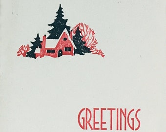 Red House In The Snow - Original Handmade Greeting Card Set of 4 Holiday Festive Linoleum Linocut Lino Block Art Print Limited Edition