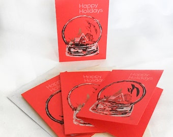 Snow Globe - Original Handmade Greeting Card Set of 4 Holiday Festive Linoleum Linocut Lino Block Art Print Limited Edition