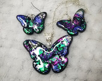Dichroic Butterfly Rainbow Iridescent Flakes Necklace and Earring Set
