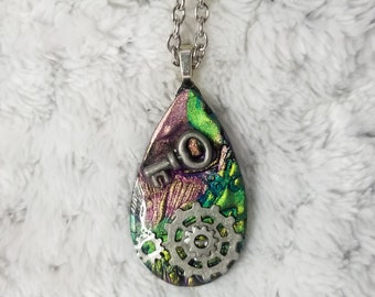 Steampunk Mixed Media Necklace, Teardrop, One of a Kind, Resin, Polymer Clay, Iridescent
