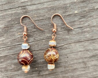 Carved Jade and Tibetan Agate Earrings