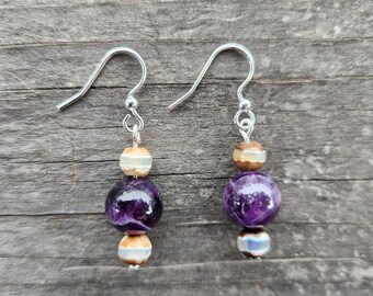 Amethyst and Tibetan Agate Earrings