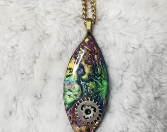 Steampunk Mixed Media Necklace, One of a Kind, Resin, Polymer Clay, Iridescent, Gears