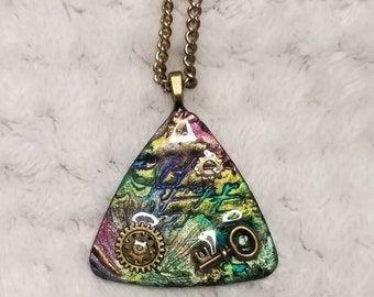 Steampunk Mixed Media Necklace, One of a Kind, Resin, Polymer Clay, Iridescent