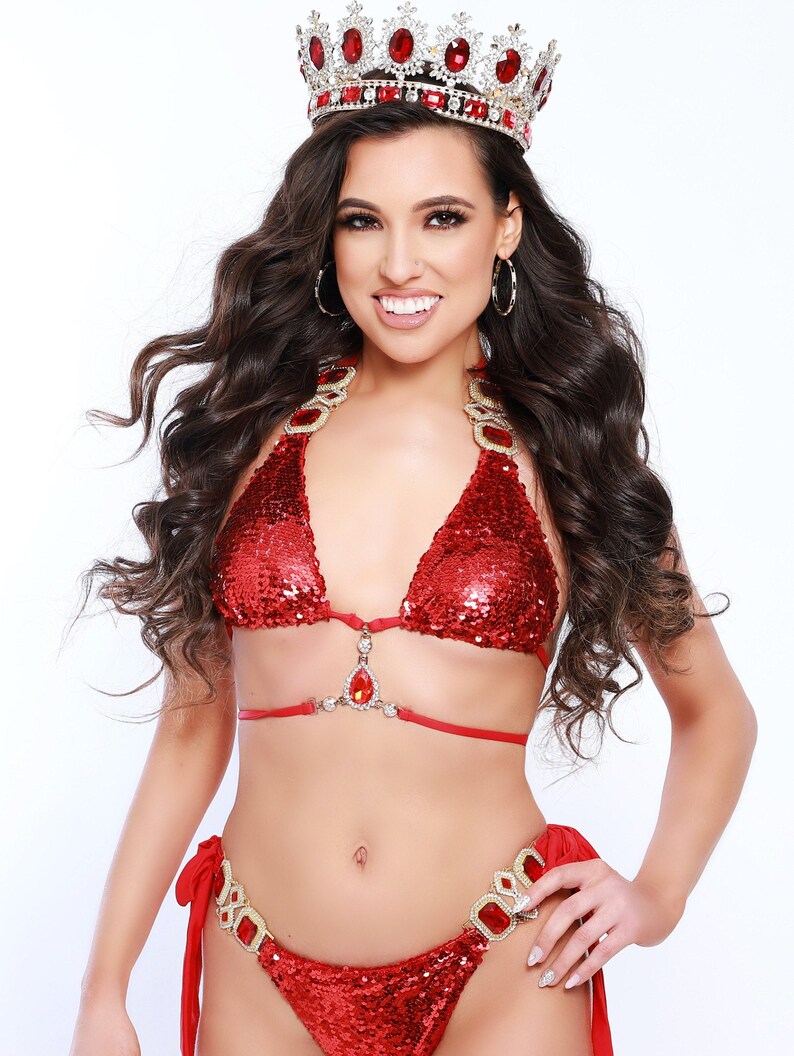 Women's Red Luxury Festival Rave Sparkly Crystal Bathing Suit Bikini SET Pageant Fitness Competition Ruby Outfit Vegas Bachelorette Bikini image 2