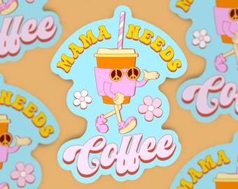 Momma Needs Coffee \ Cute Funny Retro Flower Child Character \ Caffeine Coffee Junkie \ Laptop Sticker