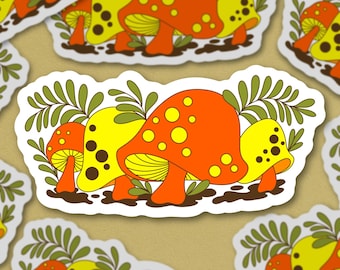 1970s Merry Mushroom Sticker, Inspired by retro kitchenware. 3 inch Vinyl Sticker