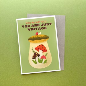 May include: A green card with the text "You're not old, you are just vintage" and a cartoon illustration of a mushroom with smaller mushrooms inside.
