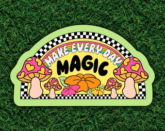 Make Everyday Magic \ Checkered Botanical Mushroom Sticker \ Retro Green Hippie Aesthetic \ Laptop Water bottle Sticker
