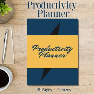 May include: A blue and yellow productivity planner with a black lightning bolt design. The text "Productivity Planner" is written in a stylised font. The planner has 49 pages and is available in 3 sizes.