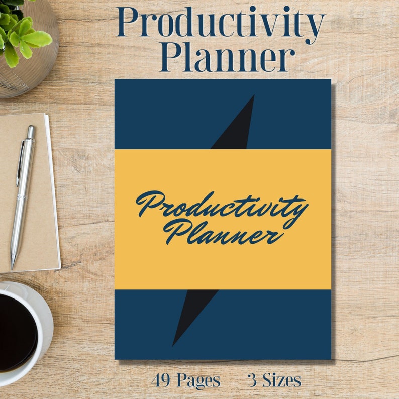 May include: A blue and yellow productivity planner with a black lightning bolt design. The text "Productivity Planner" is written in a stylised font. The planner has 49 pages and is available in 3 sizes.