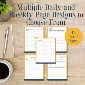 May include: A set of printable planner pages with different layouts for daily and weekly scheduling. The pages are designed with a yellow and blue colour scheme and include a calendar grid, to-do lists, and space for notes. The text "49 Total Pages" is visible in the image.