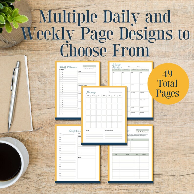 May include: A set of printable planner pages with different layouts for daily and weekly scheduling. The pages are designed with a yellow and blue colour scheme and include a calendar grid, to-do lists, and space for notes. The text "49 Total Pages" is visible in the image.