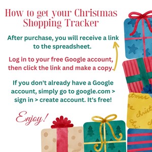May include: Watercolor illustration with text: "How to get your Christmas Shopping Tracker." Instructions are provided to access a spreadsheet after purchase. Colorful gift boxes with bows are stacked in the background.