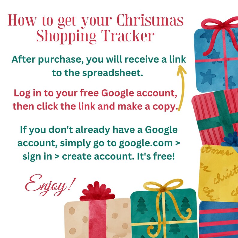 May include: Watercolor illustration with text: "How to get your Christmas Shopping Tracker." Instructions are provided to access a spreadsheet after purchase. Colorful gift boxes with bows are stacked in the background.