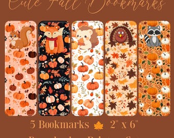 Peut inclure: Cinq marque-pages sur le thème de l'automne avec de jolies illustrations d'animaux. Chaque marque-page présente un design différent, dont un écureuil, un renard, un hérisson, une dinde et un raton laveur, avec des citrouilles et des feuilles d'automne. Les marque-pages mesurent 5 cm sur 15 cm.