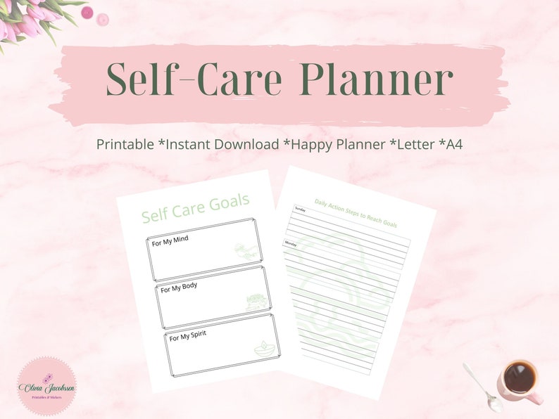 Printable Self Care Planner, undated monthly calendars, monthly self care goals, goals for mind, body, spirit, journal pages, daily actions image 3