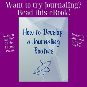 Peut inclure: Une couverture d'ebook bleue et blanche avec le titre "Comment d&eacute;velopper une routine de journalisation". La couverture pr&eacute;sente une illustration de stylo et d'encre et un fond g&eacute;om&eacute;trique.